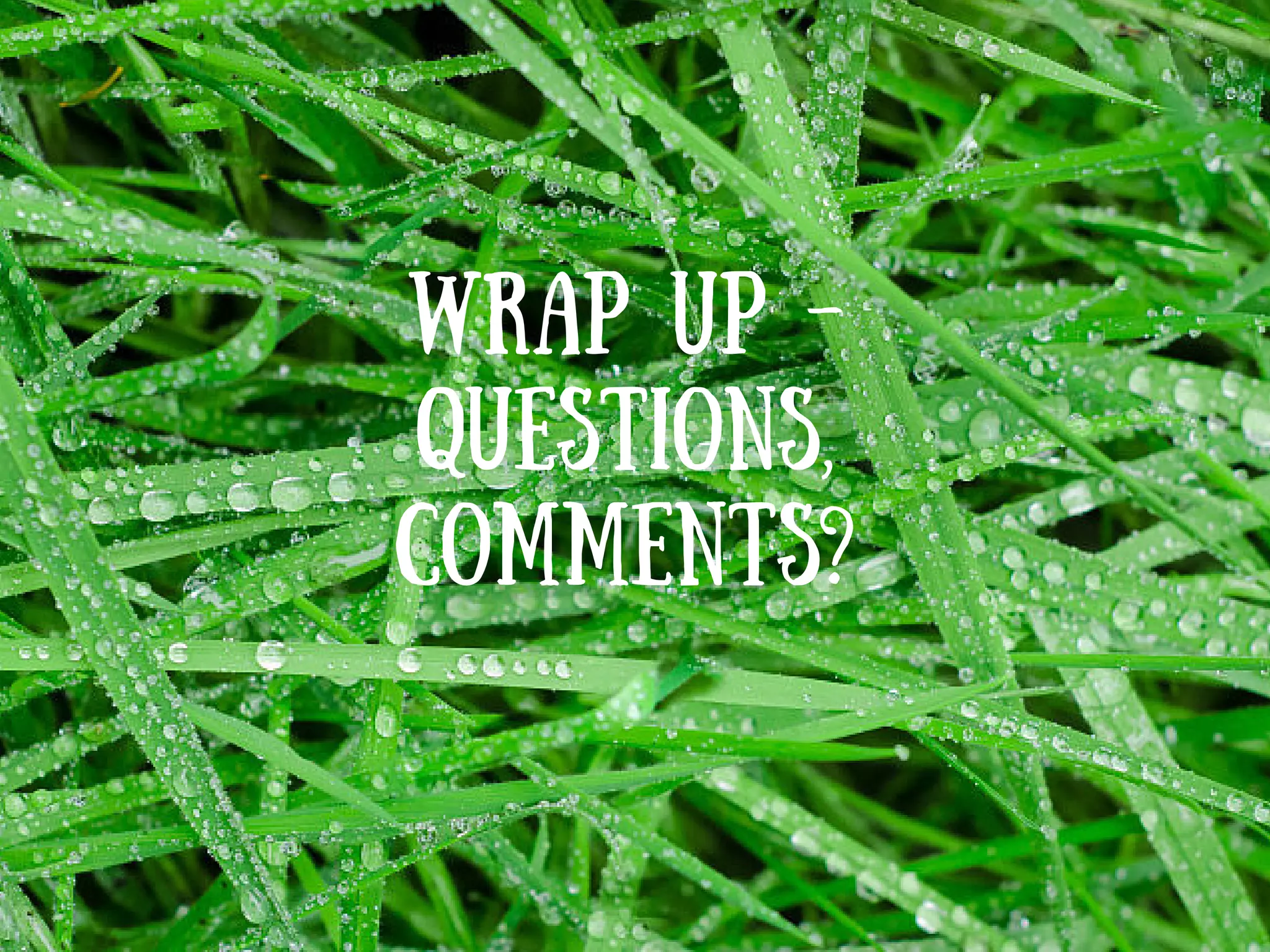 Wrap up -
questions,
comments?
 