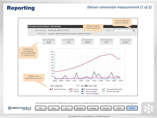 Reporting                                                                               Deliver conversion measurement (1 of 2)




            The Impact Mobile JumpTXTTM Media platform offers real-time, actionable reporting offering 360 visibility of activity within the mobile channel.


                 Intro             Setup             Opt In              Messaging         Campaigns          QR Codes         mWeb             Summary




                                                              © Copyright 2011. Impact Mobile, Inc. All Rights Reserved.
 
