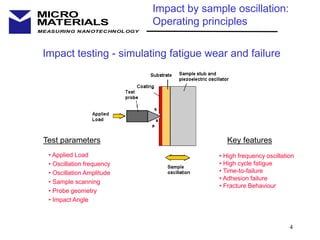 4
MEASURING NANOTECHNOLOGY
MICRO
MATERIALS
Impact testing - simulating fatigue wear and failure
Impact by sample oscillation:
Operating principles
• Applied Load
• Oscillation frequency
• Oscillation Amplitude
• Sample scanning
• Probe geometry
• Impact Angle
Test parameters
• High frequency oscillation
• High cycle fatigue
• Time-to-failure
• Adhesion failure
• Fracture Behaviour
Key features
 