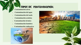  Contaminación aérea
 Contaminación del agua
 Contaminación del suelo
 Contaminación acústica
 Contaminación térmica
 Contaminación lumínica
 Contaminación radioactiva
 