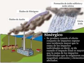 Sinérgico
• Se produce cuando el efecto
conjunto de impactos supone
una incidencia mayor que la
suma de los impactos
individuales es decir, se da
cuando el impacto final es mayor
que la suma de los impactos
individuales que lo originaron en
magnitud, extensión y elementos
afectados.
Óxidos de Azufre
Óxidos de Nitrógeno
Formación de ácido sulfúrico y
ácido nítrico
Lluvia
ácida
 