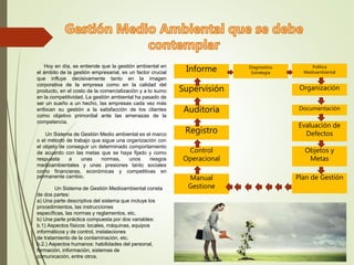 Hoy en día, se entiende que la gestión ambiental en
el ámbito de la gestión empresarial, es un factor crucial
que influye decisivamente tanto en la imagen
corporativa de la empresa como en la calidad del
producto, en el costo de la comercialización y a lo sumo
en la competitividad. La gestión ambiental ha pasado de
ser un sueño a un hecho, las empresas cada vez más
enfocan su gestión a la satisfacción de los clientes
como objetivo primordial ante las amenazas de la
competencia.
Un Sistema de Gestión Medio ambiental es el marco
o el método de trabajo que sigue una organización con
el objeto de conseguir un determinado comportamiento
de acuerdo con las metas que se haya fijado y como
respuesta a unas normas, unos riesgos
medioambientales y unas presiones tanto sociales
como financieras, económicas y competitivas en
permanente cambio.
Un Sistema de Gestión Medioambiental consta
de dos partes:
a) Una parte descriptiva del sistema que incluye los
procedimientos, las instrucciones
específicas, las normas y reglamentos, etc.
b) Una parte práctica compuesta por dos variables:
b.1) Aspectos físicos: locales, máquinas, equipos
informáticos y de control, instalaciones
de tratamiento de la contaminación, etc.
b.2.) Aspectos humanos: habilidades del personal,
formación, información, sistemas de
comunicación, entre otros.
Informe
Supervisión
Auditoria
Registro
Control
Operacional
Manual
Gestione
Diagnostico
Estrategia
Política
Medioambiental
Organización
Documentación
Evaluación de
Defectos
Objetos y
Metas
Plan de Gestión
 