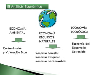 ECONOMÍA  AMBIENTAL ECONOMÍA  RECURSOS NATURALES ECONOMÍA  ECOLÓGICA Contaminación  y Valoración Econ Economía Forestal Economía Pesquera Economía no.renovables Economía del Desarrollo Sostenible  El Análisis Económico 
