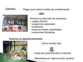 Subsidios  Pagos para reducir niveles de contaminación Premian la reducción de emisiones: pagos directos programas especiales préstamos  tasas de interés subsidiadas exenciones tributarias Sistemas de depósito/reembolso Como nombre dice Carga por potencial daño ambiental Reembolso por alguna acción positiva 
