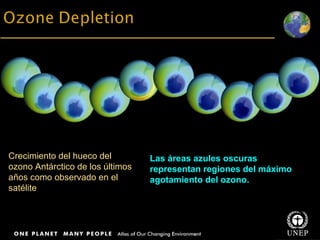 Title Body text Crecimiento del hueco del ozono Antárctico de los últimos años como observado en el satélite Las áreas azules oscuras representan regiones del máximo agotamiento del ozono.   