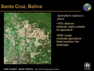 Title Body text Agriculture replaces a forest 1975 -Bolivian lowlands- highly suitable for agriculture 2000 -Large corporate agricultural fields transform the landscape 