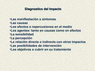 Diagnostico del Impacto Las manifestación o síntomas Las causas Los efectos o repercusiones en el medio Los agentes: tanto en causas como en efectos La sensibilidad La percepción La relación directa o indirecta con otros impactos Las posibilidades de intervención Los objetivos a cubrir en su tratamiento 