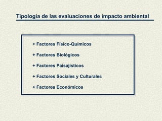 Tipología de las evaluaciones de impacto ambiental + Factores Físico-Químicos + Factores Biológicos + Factores Paisajísticos + Factores Sociales y Culturales + Factores Económicos 