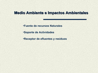 Medio Ambiente e Impactos Ambientales Fuente de recursos Naturales Soporte de Actividades Receptor de efluentes y residuos 
