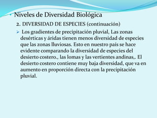 • Niveles de Diversidad Biológica
  2. DIVERSIDAD DE ESPECIES (continuación)
   Los gradientes de precipitación pluvial, Las zonas
    desérticas y áridas tienen menos diversidad de especies
    que las zonas lluviosas. Esto en nuestro país se hace
    evidente comparando la diversidad de especies del
    desierto costero., las lomas y las vertientes andinas,. El
    desierto costero contiene muy baja diversidad, que va en
    aumento en proporción directa con la precipitación
    pluvial.
 