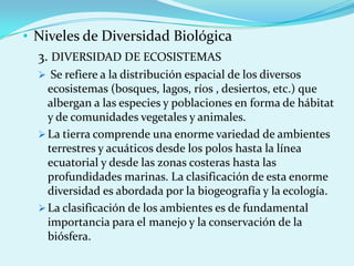 • Niveles de Diversidad Biológica
  3. DIVERSIDAD DE ECOSISTEMAS
   Se refiere a la distribución espacial de los diversos
    ecosistemas (bosques, lagos, ríos , desiertos, etc.) que
    albergan a las especies y poblaciones en forma de hábitat
    y de comunidades vegetales y animales.
   La tierra comprende una enorme variedad de ambientes
    terrestres y acuáticos desde los polos hasta la línea
    ecuatorial y desde las zonas costeras hasta las
    profundidades marinas. La clasificación de esta enorme
    diversidad es abordada por la biogeografía y la ecología.
   La clasificación de los ambientes es de fundamental
    importancia para el manejo y la conservación de la
    biósfera.
 