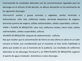 Contrastando los resultados obtenidos con las concentraciones reguladas para las
descargas en el artículo 10 del decreto, se obtuvo desviación en los parámetros de
las siguientes descargas:
•Ferrocarril: aceites y grasas animales y vegetales, aceites minerales e
hidrocarburos, color real, coliformes totales, demanda bioquímica de oxígeno,
demanda química de oxígeno, sólidos sedimentables, sólidos supendidos, sulfuros
•PMH + PLANTA DE BRIQUETAS: color real, coliformes totales, hierro total, sólidos
sedimentables, sólidos suspendidos, sulfuros
•PLANTA DE BRIQUETAS después de sedimentación: sulfuros
Hay que resaltar que la concentración de hierro en esta última se ubicó en un valor
cercano al límite, aun considerando que el muestreo se hizo recién habilitada la
pileta que estaba en uso al momento de la auditoria. Los resultados de coliformes
obtenidos en las descargas Ferrocarril y en PMH+PLANTA DE BRIQUETAS sugieren
el aporte de aguas residuales domésticas a estas descargas.
 