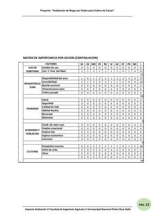 Proyecto: “Instalación de Riego por Goteo para Cultivo de Cacao”.
Impacto Ambiental /// Facultad de Ingeniería Agrícola /// Universidad Nacional Pedro Ruíz Gallo
PÁG. 12
MATRIZ DE IMPORTANCIA POR ACCION (CONTINUACION)
IN EX MO PE RV SI AC EF PR MC I
0 0 0 0 0 0 0 0 0 0 0
1 1 3 1 1 1 1 4 1 4 -21
1 8 1 3 2 1 1 4 2 4 -37
2 1 3 4 3 1 1 4 4 4 -32
0 0 0 0 0 0 0 0 0 0 0
0 0 0 0 0 0 0 0 0 0 0
0 0 0 0 0 0 0 0 0 0 0
0 0 0 0 0 0 0 0 0 0 0
0 0 0 0 0 0 0 0 0 0 0
0 0 0 0 0 0 0 0 0 0 0
0 0 0 0 0 0 0 0 0 0 0
0 0 0 0 0 0 0 0 0 0 0
0 0 0 0 0 0 0 0 0 0 0
0 0 0 0 0 0 0 0 0 0 0
0 0 0 0 0 0 0 0 0 0 0
0 0 0 0 0 0 0 0 0 0 0
0 0 0 0 0 0 0 0 0 0 0
0 0 0 0 0 0 0 0 0 0 0
4 8 3 2 2 1 1 4 1 2 -44
0 0 0 0 0 0 0 0 0 0 0
0 0 0 0 0 0 0 0 0 0 0
0 0 0 0 0 0 0 0 0 0 0
FACTORES
USO DE
TERRITORIO
Cambio de uso
Con. Y. Prot. Del Med
HUMANOS
Salud
Seguridad
Calidad de vida
Habitat Rustico
Bienestar
Molestias
-21
INFRAESTRUCC
TURA
Disponibilidad del area
Accesibilidad
Red de servicios
Infraestructura varia
Trafico pesado
-44
0
0
CULTURAL
Paisajistico esenico
Estilo de vista
Otros
ECONOMIA Y
POBLACION
Camb. De valor suel.
Empleo estacional
Empleo fijo
Ingreso economico
Inversion
-69
 