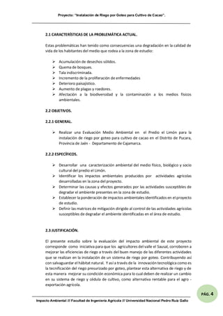 Proyecto: “Instalación de Riego por Goteo para Cultivo de Cacao”.
Impacto Ambiental /// Facultad de Ingeniería Agrícola /// Universidad Nacional Pedro Ruíz Gallo
PÁG. 4
2.1 CARACTERÍSTICAS DE LA PROBLEMÁTICA ACTUAL.
Estas problemáticas han tenido como consecuencias una degradación en la calidad de
vida de los habitantes del medio que rodea a la zona de estudio:
 Acumulación de desechos sólidos.
 Quema de bosques.
 Tala indiscriminada.
 Incremento de la proliferación de enfermedades
 Deterioro paisajístico.
 Aumento de plagas y roedores.
 Afectación a la biodiversidad y la contaminación a los medios físicos
ambientales.
2.2 OBJETIVOS.
2.2.1 GENERAL.
 Realizar una Evaluación Medio Ambiental en el Predio el Limón para la
instalación de riego por goteo para cultivo de cacao en el Distrito de Pucara,
Provincia de Jaén - Departamento de Cajamarca.
2.2.2 ESPECÍFICOS.
 Desarrollar una caracterización ambiental del medio físico, biológico y socio
cultural del predio el Limón.
 Identificar los impactos ambientales producidos por actividades agrícolas
desarrolladas en la zona del proyecto.
 Determinar las causas y efectos generados por las actividades susceptibles de
degradar el ambiente presentes en la zona de estudio.
 Establecer la ponderación de impactos ambientales identificados en el proyecto
de estudio.
 Definir las matrices de mitigación dirigido al control de las actividades agrícolas
susceptibles de degradar el ambiente identificadas en el área de estudio.
2.3 JUSTIFICACIÓN.
El presente estudio sobre la evaluación del impacto ambiental de este proyecto
corresponde como iniciativa para que los agricultores del valle el Sausal, corroboren a
mejorar las eficiencias de riego a través del buen manejo de las diferentes actividades
que se realizan en la instalación de un sistema de riego por goteo. Contribuyendo así
con salvaguardar el hábitat natural. Y así a través de la innovación tecnológica como es
la tecnificación del riego presurizado por goteo, plantear esta alternativa de riego y de
esta manera mejorar su condición económica para lo cual deben de realizar un cambio
en su sistema de riego y cédula de cultivo, como alternativa rentable para el agro -
exportación agrícola.
 