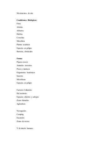 Movimientos de aire
Condiciones Biológicas:
Flora
Arboles
Arbustos
Hierbas
Cosechas
Microflora
Plantas acuáticas
Especies en peligro
Barreras, obstáculos
Fauna:
Pájaros (aves)
Animales terrestres
Peces y mariscos
Organismos bentónicos
Insectos
Microfauna
Especies en peligro
Factores Culturales:
Del territorio:
Espacios abiertos y salvajes
Zonas húmedas
Agricultura
Navegación:
Camping
Excursión
Zonas de recreo
Y de interés humano:
 