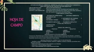 ESTUDIO DE IMPACTO AMBIENTAL SEMIDETALLADO DE LA CARRETERA PUMAMARCA -
ABRA SAN MARTIN DEL DISTRITO DE SAN SEBASTIAN
UBICACIÓN POLITICA
PROVINCIA: CUSCO
DISTRITO: SAN SEBASTIAN
UBICACIÓN REFERENCIAL:
Tiene dos accesos que son; el primero por la parte Sur, por la
prolongación de la avenida de la Cultura vía Cusco-San Jerónimo y
otro, por la parte norte, por la vía Cusco-Pisaq.
COMPONENTE AFERCTADO
SISTEMA DE CARRETERAS ENTORNO AMBIENTAL
MOVIMIENTO DE
TIERRAS X MOVIMIENTO DE TIERRAS X
SUB BASES Y BASES SUB BASES Y BASES
PAVIMENTO ASFALTICO PAVIMENTO ASFALTICO
ETAPA DEL PROYECTO
COSTRUCCION X
OPERACIÓN
GRADO DEL IMPACTO
POSITIVO NEGATIVO
LIGERO LIGERO
MODERADO MODERADO X
ALTO ALTO
DESCRIPCION DE LA SITUCION AMBIENTAL
El proyecto de “Mejoramiento de la Carretera Pumamarca - Abra San Martin del Distrito de San Sebastián”, contempla la
pavimentación de una vía de 6.00 m de ancho en promedio, bermas de 0.50 m a ambos lados, obras de arte como son cunetas,
alcantarillas, muros de concreto armado; señalización y medio ambiente.
MEDIDAS PREVENTIVA, CORRECTIVAS Y/O DE MITIGACIÓN
• Identificar y evaluar los posibles impactos, positivos y negativos, directos e indirectos, que deriven de la
ejecución de la obra.
• Determinar los elementos del medio ambiente a ser afectados.
• Estructurar un Plan de Manejo Ambiental
• Definir responsabilidades de la implementación del PAMA.
HOJADE
CAMPO
 
