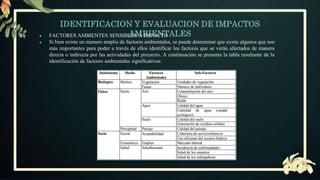 IDENTIFICACION Y EVALUACION DE IMPACTOS
AMBIENTALES
● FACTORES AMBIENTES SENSIBLES A IMPACTO
● Si bien existe un número amplio de factores ambientales, se puede determinar que existe algunos que son
más importantes para poder a través de ellos identificar los factores que se verán afectados de manera
directa o indirecta por las actividades del proyecto. A continuación se presenta la tabla resultante de la
identificación de factores ambientales significativos:
 