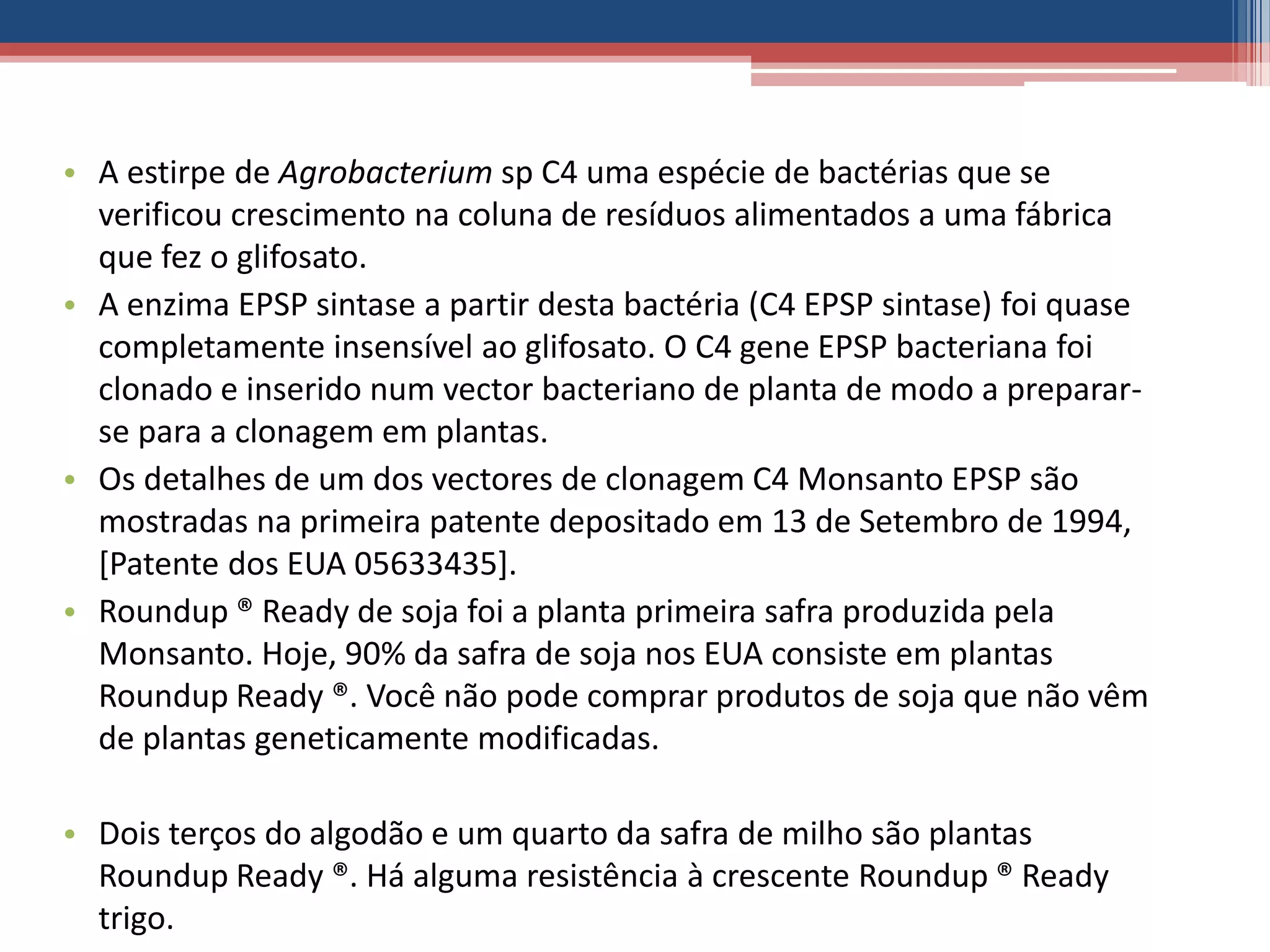 • A estirpe de Agrobacterium sp C4 uma espécie de bactérias que se
verificou crescimento na coluna de resíduos alimentados a uma fábrica
que fez o glifosato.
• A enzima EPSP sintase a partir desta bactéria (C4 EPSP sintase) foi quase
completamente insensível ao glifosato. O C4 gene EPSP bacteriana foi
clonado e inserido num vector bacteriano de planta de modo a preparar-
se para a clonagem em plantas.
• Os detalhes de um dos vectores de clonagem C4 Monsanto EPSP são
mostradas na primeira patente depositado em 13 de Setembro de 1994,
[Patente dos EUA 05633435].
• Roundup ® Ready de soja foi a planta primeira safra produzida pela
Monsanto. Hoje, 90% da safra de soja nos EUA consiste em plantas
Roundup Ready ®. Você não pode comprar produtos de soja que não vêm
de plantas geneticamente modificadas.
• Dois terços do algodão e um quarto da safra de milho são plantas
Roundup Ready ®. Há alguma resistência à crescente Roundup ® Ready
trigo.
 