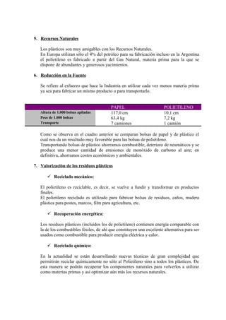 5. Recursos Naturales
Los plásticos son muy amigables con los Recursos Naturales.
En Europa utilizan sólo el 4% del petróleo para su fabricación incluso en la Argentina
el polietileno es fabricado a partir del Gas Natural, materia prima para la que se
dispone de abundantes y generosos yacimientos.
6. Reducción en la Fuente
Se refiere al esfuerzo que hace la Industria en utilizar cada vez menos materia prima
ya sea para fabricar un mismo producto o para transportarlo.
PAPEL POLIETILENO
Altura de 1.000 bolsas apiladas 117,0 cm 10,1 cm
Peso de 1.000 bolsas 63,4 kg 7,2 kg
Transporte 7 camiones 1 camión
Como se observa en el cuadro anterior se comparan bolsas de papel y de plástico el
cual nos da un resultado muy favorable para las bolsas de polietileno.
Transportando bolsas de plástico ahorramos combustible, deterioro de neumáticos y se
produce una menor cantidad de emisiones de monóxido de carbono al aire; en
definitiva, ahorramos costos económicos y ambientales.
7. Valorización de los residuos plásticos
 Reciclado mecánico:
El polietileno es reciclable, es decir, se vuelve a fundir y transformar en productos
finales.
El polietileno reciclado es utilizado para fabricar bolsas de residuos, caños, madera
plástica para postes, marcos, film para agricultura, etc.
 Recuperación energética:
Los residuos plásticos (incluidos los de polietileno) contienen energía comparable con
la de los combustibles fósiles, de ahí que constituyen una excelente alternativa para ser
usados como combustible para producir energía eléctrica y calor.
 Reciclado químico:
En la actualidad se están desarrollando nuevas técnicas de gran complejidad que
permitirán reciclar químicamente no sólo al Polietileno sino a todos los plásticos. De
esta manera se podrán recuperar los componentes naturales para volverlos a utilizar
como materias primas y así optimizar aún más los recursos naturales.
 