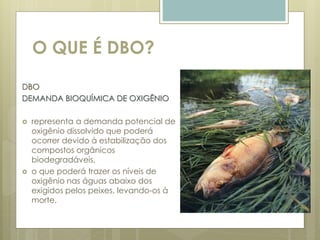 O QUE É DBO?
DBO
DEMANDA BIOQUÍMICA DE OXIGÊNIO
 representa a demanda potencial de
oxigênio dissolvido que poderá
ocorrer devido à estabilização dos
compostos orgânicos
biodegradáveis,
 o que poderá trazer os níveis de
oxigênio nas águas abaixo dos
exigidos pelos peixes, levando-os à
morte.
 