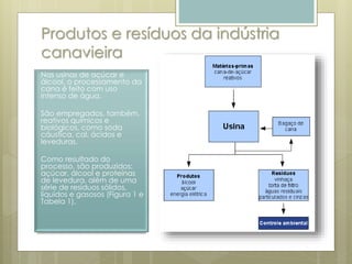 Produtos e resíduos da indústria
canavieira
Nas usinas de açúcar e
álcool, o processamento da
cana é feito com uso
intenso de água.
São empregados, também,
reativos químicos e
biológicos, como soda
cáustica, cal, ácidos e
leveduras.
Como resultado do
processo, são produzidos:
açúcar, álcool e proteínas
de levedura, além de uma
série de resíduos sólidos,
líquidos e gasosos (Figura 1 e
Tabela 1).
 