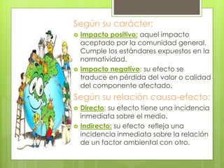 Según su carácter:
 Impacto positivo: aquel impacto
aceptado por la comunidad general.
Cumple los estándares expuestos en la
normatividad.
 Impacto negativo: su efecto se
traduce en pérdida del valor o calidad
del componente afectado.
Según su relación causa-efecto:
 Directo: su efecto tiene una incidencia
inmediata sobre el medio.
 Indirecto: su efecto refleja una
incidencia inmediata sobre la relación
de un factor ambiental con otro.
 