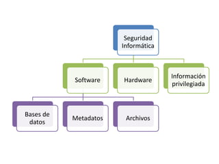 Seguridad
Informática
Software
Bases de
datos
Metadatos Archivos
Hardware
Información
privilegiada
 
