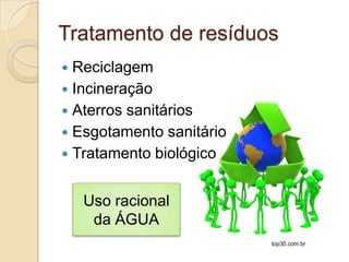 Tratamento de resíduos
 Reciclagem
 Incineração
 Aterros sanitários
 Esgotamento sanitário
 Tratamento biológico


    Uso racional
     da ÁGUA
                          top30.com.br
 
