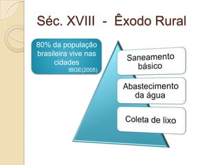 Séc. XVIII - Êxodo Rural
80% da população
brasileira vive nas
      cidades
          IBGE(2005)
 