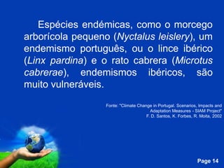 Espécies endémicas, como o morcego
arborícola pequeno (Nyctalus leislery), um
endemismo português, ou o lince ibérico
(Linx pardina) e o rato cabrera (Microtus
cabrerae), endemismos ibéricos, são
muito vulneráveis.
                    Fonte: "Climate Change in Portugal. Scenarios, Impacts and
                                          Adaptation Measures - SIAM Project"
                                        F. D. Santos, K. Forbes, R. Moita, 2002




             Free Powerpoint Templates
                                                                  Page 14
 