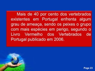 Mais de 40 por cento dos vertebrados
existentes em Portugal enfrenta algum
grau de ameaça, sendo os peixes o grupo
com mais espécies em perigo, segundo o
Livro Vermelho dos Vertebrados de
Portugal publicado em 2006.




            Free Powerpoint Templates
                                        Page 23
 