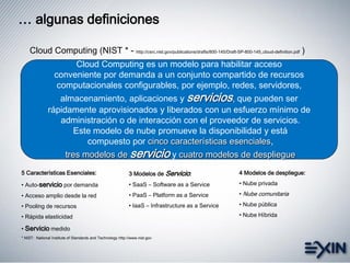 … algunas definiciones
Cloud Computing es un modelo para habilitar acceso
conveniente por demanda a un conjunto compartido de recursos
computacionales configurables, por ejemplo, redes, servidores,
almacenamiento, aplicaciones y servicios, que pueden ser
rápidamente aprovisionados y liberados con un esfuerzo mínimo de
administración o de interacción con el proveedor de servicios.
Este modelo de nube promueve la disponibilidad y está
compuesto por cinco características esenciales,
tres modelos de servicio y cuatro modelos de despliegue
Cloud Computing (NIST * - http://csrc.nist.gov/publications/drafts/800-145/Draft-SP-800-145_cloud-definition.pdf )
* NIST: National Institute of Standards and Technology http://www.nist.gov
5 Características Esenciales:
• Auto-servicio por demanda
• Acceso amplio desde la red
• Pooling de recursos
• Rápida elasticidad
• Servicio medido
3 Modelos de Servicio:
• SaaS – Software as a Service
• PaaS – Platform as a Service
• IaaS – Infrastructure as a Service
4 Modelos de despliegue:
• Nube privada
• Nube comunitaria
• Nube pública
• Nube Híbrida
 