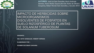 IMPACTO DE HERBICIDAS SOBRE
MICROORGANISMOS
DISOLVENTES DE FOSFATOS EN
SUELO RIZOSFÉRICO DE PLANTAS
DE SOLANUM TUBEROSUM
DOCENTE :
ING. SOTO GONZALES, HEBERT HERNAN
ELABORADO POR :
ROAMIR ESCOBAR CAHUANA
AUTORES: José Luís Soto Gonzáles, Mario Andrade
Sánchez, Passiz Mestas Zapana,Marcelo Motta de Oliveira
Gonçalves, Hebert Hernán Soto González_2 de julio 2010
 