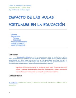 Centro de informática y sistemas
Computación G02 -Agosto 2013
Ing Cristhian J Arellano Zapata
1
IMPACTO DE LAS AULAS
VIRTUALES EN LA EDUCACIÓN
Definición
Características
Ventajas
Desventajas
Educacion Semipresencial
DISEÑO DE TABLAS
INSERTAR DRAWINS
Definición
La educación a distancia es una forma de enseñanza en la cual los estudiantes no requieren
asistir físicamente al lugar de estudios. En este sistema de enseñanza, el alumno recibe el material de estudio
(personalmente, por correo postal, correo electrónico u otras posibilidades que ofrece Internet). Al
aprendizaje desarrollado con las nuevas tecnologías de la comunicación se le llama aprendizaje electrónico. La
plataforma más utilizada actualmente para esta modalidad es Moodle.[
cita requerida
Dependiendo del centro de estudios, los estudiantes pueden acudir físicamente para recibir
tutorías, o bien deben realizar exámenes presenciales. Existe educación a distancia para cualquier
nivel de estudios, pero lo más usual es que se imparta para estudios universitarios.
Características
En la actualidad, existen diversos factores que determinan el crecimiento de la educación a distancia,1 entre los
que destacan:
 