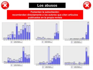Los abusos
Fomentan la autocitación:
recomiendan directamente a los autores que citen artículos
publicados en la propia revista
 