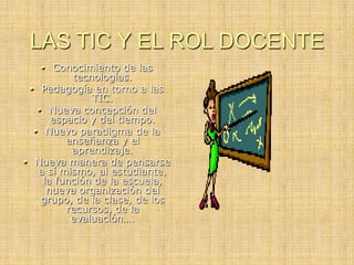 LAS TIC Y EL ROL DOCENTE
Conocimiento de las
tecnologías.
Pedagogía en torno a las
TIC.
Nueva concepción del
espacio y del tiempo.
Nuevo paradigma de la
enseñanza y el
aprendizaje.
Nueva manera de pensarse
a sí mismo, al estudiante,
la función de la escuela,
nueva organización del
grupo, de la clase, de los
recursos, de la
evaluación….
 