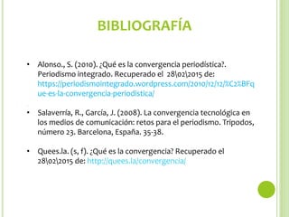 BIBLIOGRAFÍA
• Alonso., S. (2010). ¿Qué es la convergencia periodística?.
Periodismo integrado. Recuperado el 28022015 de:
https://periodismointegrado.wordpress.com/2010/12/12/%C2%BFq
ue-es-la-convergencia-periodistica/
• Salaverría, R., García, J. (2008). La convergencia tecnológica en
los medios de comunicación: retos para el periodismo. Tripodos,
número 23. Barcelona, España. 35-38.
• Quees.la. (s, f). ¿Qué es la convergencia? Recuperado el
28022015 de: http://quees.la/convergencia/
 