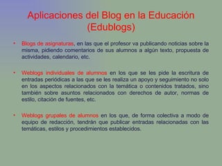 Aplicaciones del Blog en la Educación (Edublogs) Blogs de asignaturas , en las que el profesor va publicando noticias sobre la misma, pidiendo comentarios de sus alumnos a algún texto, propuesta de actividades, calendario, etc.  Weblogs individuales de alumnos  en los que se les pide la escritura de entradas periódicas a las que se les realiza un apoyo y seguimiento no solo en los aspectos relacionados con la temática o contenidos tratados, sino también sobre asuntos relacionados con derechos de autor, normas de estilo, citación de fuentes, etc.  Weblogs grupales de alumnos  en los que, de forma colectiva a modo de equipo de redacción, tendrán que publicar entradas relacionadas con las temáticas, estilos y procedimientos establecidos.  