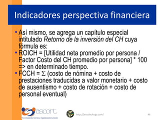 Los objetivos en los que tiene injerencia RRHH implican:Costos de operación.Desarrollar atributos de productos y servicios.Desarrollar atributos de relación con el cliente.Desarrollar atributos de imagen de la empresa.Migrar hacia una ESR.Asegurar eficiencia en gastos y costos.Incrementar ingresos de canales actuales y nuevos.Incrementar la rentabilidad.A4 CH => Contar con personal comprometido y  competente. A5 CH => Conformar un estilo de liderazgo orientado a resultados en la gente que tiene bajo su cargo gente.A2  CO => Conformar una cultura organizacional de orientación total al cliente y a la calidad de servicio.A1 CO => Conformar una estructura de organización plana y rentable.A3 CI => Integrar todos los formatos del negocio mediante la TI (Intranet, software, intercomunicación)PROFESIONALIZAR LA ORGANIZACIÓNAPRENDIZAJE Y CRECIMIENTO