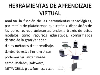HERRAMIENTAS DE APRENDIZAJE VIRTUAL Analizar la función de las herramientas tecnológicas, por medio de plataformas que están a disposición de las personas que quieran aprender a través de estos modelos como recursos educativos, conformados dentro de la gran variedad de los métodos de aprendizaje, dentro de estas herramientas  podemos visualizar desde  computadores, software,  NETWORKS, plataformas, etc.).  