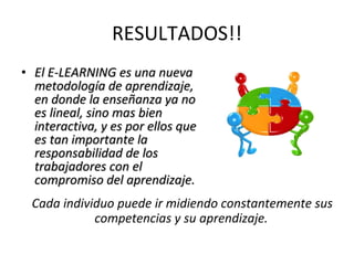 RESULTADOS!! El E-LEARNING es una nueva metodología de aprendizaje, en donde la enseñanza ya no es lineal, sino mas bien interactiva, y es por ellos que es tan importante la responsabilidad de los trabajadores con el compromiso del aprendizaje. Cada individuo puede ir midiendo constantemente sus competencias y su aprendizaje.   
