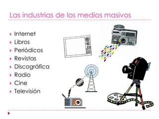 Las industrias de los medios masivosInternetLibrosPeriódicosRevistasDiscográficaRadioCineTelevisión 