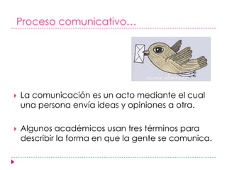 Proceso comunicativo…La comunicación es un acto mediante el cual una persona envía ideas y opiniones a otra.  Algunos académicos usan tres términos para describir la forma en que la gente se comunica. 