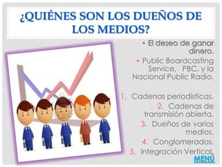 ¿QUIÉNES SON LOS DUEÑOS DE
       LOS MEDIOS?
                    • El deseo de ganar
                                 dinero.
                  • Public Boardcasting
                      Service, PBC, y la
                 Nacional Public Radio.

              1. Cadenas periodísticas.
                          2. Cadenas de
                      transmisión abierta.
                    3. Dueños de varios
                                  medios.
                     4. Conglomerados.
                 5. Integración Vertical.
                                    MENÚ
 