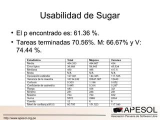 Usabilidad de Sugar El p encontrado es: 61.36 %. Tareas terminadas 70.56%. M: 66.67% y V: 74.44 %. 