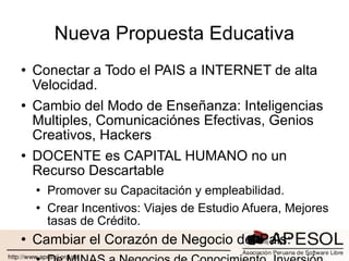 Nueva Propuesta Educativa Conectar a Todo el PAIS a INTERNET de alta Velocidad. Cambio del Modo de Enseñanza: Inteligencias Multiples, Comunicaciónes Efectivas, Genios Creativos, Hackers DOCENTE es CAPITAL HUMANO no un Recurso Descartable Promover su Capacitación y empleabilidad. Crear Incentivos: Viajes de Estudio Afuera, Mejores tasas de Crédito. Cambiar el Corazón de Negocio del Pais: De MINAS a Negocios de Conocimiento. Inversión de CANON EN INVESTIGACIÓN no en Cemento. PENSAR EN EL LARGO PLAZO. 