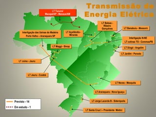 14
LT Tucuruí
Macapá/AP - Manaus/AM
LT Tucuruí
Macapá/AP - Manaus/AM
Interligação das Usinas do Madeira
Porto Velho – Araraquara SP
Interligação das Usinas do Madeira
Porto Velho – Araraquara SP
LT Açailândia -
Miranda
LT Açailândia -
Miranda
LT Balsas -
Ribeiro
Gonçalves
LT Balsas -
Ribeiro
Gonçalves LT Banabuíu - MossoróLT Banabuíu - Mossoró
LT Jardim - PenedoLT Jardim - Penedo
LT Xingó - AngelimLT Xingó - Angelim
Interligação N-NE
LT colinas TO - CoremasPB
Interligação N-NE
LT colinas TO - CoremasPB
LT Araraquara - Nova IguaçuLT Araraquara - Nova Iguaçu
LT Neves - MesquitaLT Neves - Mesquita
LT Jorge Lacerda B - SiderópolisLT Jorge Lacerda B - Siderópolis
LT Santa Cruz I – Presidente MédiciLT Santa Cruz I – Presidente Médici
LT Jauru - CuiabáLT Jauru - Cuiabá
LT Juína - JauruLT Juína - Jauru
LT Maggi - SinopLT Maggi - Sinop
Transmissão de
Energia Elétrica
Previsto - 14
Em estudo - 1
 
