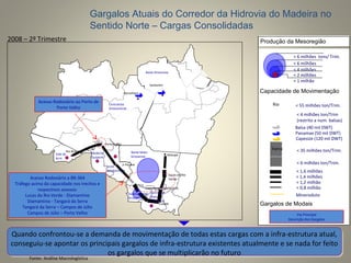 Leste
Rondoniense
Centro-Sul
Mato-
Grossense
Norte Mato-
Grossense
Madeira-
Guaporé
Vale do
Acre
Sudoeste Mato-
Grossense
2008 – 2º Trimestre
Quando confrontou-se a demanda de movimentação de todas estas cargas com a infra-estrutura atual,
conseguiu-se apontar os principais gargalos de infra-estrutura existentes atualmente e se nada for feito
os gargalos que se multiplicarão no futuro
Quando confrontou-se a demanda de movimentação de todas estas cargas com a infra-estrutura atual,
conseguiu-se apontar os principais gargalos de infra-estrutura existentes atualmente e se nada for feito
os gargalos que se multiplicarão no futuro
Acesso Rodoviário ao Porto de
Porto Velho
Acesso Rodoviário a BR-364
Tráfego acima da capacidade nos trechos e
respectivos acessos:
Lucas do Rio Verde - Diamantino
Diamantino - Tangará da Serra
Tangará da Serra – Campos de Júlio
Campos de Júlio – Porto Velho
Gargalos Atuais do Corredor da Hidrovia do Madeira no
Sentido Norte – Cargas Consolidadas
Diamantino
Porto Velho
Rio Branco
Lucas do Rio
Verde
Santarém
Ji-Paraná
Itacoatiara
Matupá
Cuiabá
Baixo Amazonas
Produção da Mesoregião
Capacidade de Movimentação
< 55 milhões ton/Trim.
Panamax (50 mil DWT)
Balsa (40 mil DWT)
Gargalos de Modais
Via Principal
Descrição dos Gargalos
< 0,8 milhão
< 1,2 milhão
< 1,6 milhões
< 1,4 milhões
Rio
< 35 milhões ton/Trim.Ferro
< 6 milhões ton/Trim.
Mineroduto
< 4 milhões ton/Trim
(restrito a num. balsas)
> 6 milhões tons/ Trim.
< 2 milhões
< 4 milhões
< 6 milhões
< 1 milhão
Capesize (120 mil DWT)
Centroeste
Amazonense
Fonte: Análise Macrologística
 