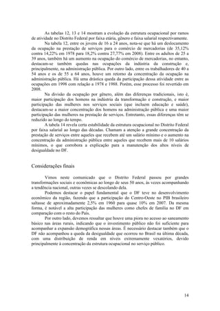 As tabelas 12, 13 e 14 mostram a evolução da estrutura ocupacional por ramos
de atividade no Distrito Federal por faixa etária, gênero e faixa salarial respectivamente.
        Na tabela 12, entre os jovens de 16 a 24 anos, nota-se que há um deslocamento
da ocupação na prestação de serviços para o comércio de mercadorias (de 35,12%
contra 14,22% em 1978 para 18,2% contra 27,77% em 2008). Entre os adultos de 25 a
39 anos, também há um aumento na ocupação do comércio de mercadorias, no entanto,
destacam-se também quedas nas ocupações da indústria da construção e,
principalmente, na administração pública. Por outro lado, entre os trabalhadores de 40 a
54 anos e os de 55 a 64 anos, houve um retorno da concentração da ocupação na
administração pública. Há uma drástica queda da participação dessa atividade entre as
ocupações em 1998 com relação a 1978 e 1988. Porém, esse processo foi revertido em
2008.
        Na divisão da ocupação por gênero, além das diferenças tradicionais, isto é,
maior participação dos homens na indústria da transformação e construção, e maior
participação das mulheres nos serviços sociais (que incluem educação e saúde),
destacam-se a maior concentração dos homens na administração pública e uma maior
participação das mulheres na prestação de serviços. Entretanto, essas diferenças têm se
reduzido ao longo do tempo.
        A tabela 14 revela certa estabilidade da estrutura ocupacional no Distrito Federal
por faixa salarial ao longo das décadas. Chamam a atenção a grande concentração da
prestação de serviços entre aqueles que recebem até um salário mínimo e o aumento na
concentração da administração pública entre aqueles que recebem mais de 10 salários
mínimos, o que corrobora a explicação para a manutenção dos altos níveis de
desigualdade no DF.


Considerações finais

        Vimos neste comunicado que o Distrito Federal passou por grandes
transformações sociais e econômicas ao longo de seus 50 anos, às vezes acompanhando
a tendência nacional, outras vezes se descolando dela.
        Podemos destacar o papel fundamental que o DF teve no desenvolvimento
econômico da região, fazendo que a participação do Centro-Oeste no PIB brasileiro
saltasse de aproximadamente 2,5% em 1960 para quase 10% em 2007. Da mesma
forma, é notável a alta participação das mulheres como chefes de família no DF em
comparação com o resto do País.
        Por outro lado, devemos ressaltar que houve uma piora no acesso ao saneamento
básico nas áreas rurais, indicando que o investimento público não foi suficiente para
acompanhar a expansão demográfica nessas áreas. É necessário destacar também que o
DF não acompanhou a queda da desigualdade que ocorreu no Brasil na última década,
com uma distribuição de renda em níveis extremamente vexatórios, devido
principalmente à concentração da estrutura ocupacional no serviço público.




                                                                                        14
 