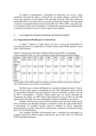 Na tabela 6, apresentamos a proporção de domicílios com acesso a água
canalizada, rede geral de esgoto e coleta de lixo em regiões urbanas e rurais do DF.
Vemos que enquanto na área urbana o DF apresenta, já desde 1988, altos índices de
saneamento básico, nas áreas rurais, os avanços são bem mais limitados. Há uma queda
no acesso ao saneamento básico na área rural do DF entre 1998 e 2008, o que indica que
o investimento público não acompanhou a velocidade de expansão dessas regiões (nota-
se também uma queda no acesso à rede de esgoto na área urbana).


2.      A evolução da estrutura econômica do Distrito Federal

2.1 A importância de Brasília para o Centro-Oeste

       A tabela 7 registra ao longo desses 50 anos o avanço da participação da
economia brasiliense na composição do Produto Interno Bruto (PIB) regional e deste
sobre o PIB brasileiro.

Tabela 7: Relação percentual entre o PIB do Distrito Federal (DF) e o da Região
Centro-Oeste(CO) entre si e com o do Brasil ao longo da história do Distrito Federal
Relação 1960 1965 1970 1980               1985     1991      1996     2000     2007
PIB       0,04 0,34 1,26 1,99             1,37     2,32      2,12     2,69     3,76
DF/PIB
Brasil
PIB       1,51 9,72 32,66 35,88           28,42    36,85     33,80    37,46    40,45
DF/
PIB CO
PIB       2,46 3,49 3,87 5,56             4,81     6,28      6,28     7,17     9,28
CO/
PIB
Brasil
Fonte: Ipeadata. Nota: O PIB do Estado do Tocantins foi incluído no PIB do Centro-Oeste ao longo de
todo o período para que fosse mantida a comparabilidade.

        Percebe-se que a criação de Brasília teve grandes consequências para o Centro-
Oeste. De uma região agreste e inexplorada que, até 1960, representava pouco mais de
1% da produção regional (sendo que durante os anos de construção o próprio conceito
de PIB é escorregadio), o Distrito Federal partiu para um escalar acentuado de
crescimento até atingir, em 2007 (último dado disponível) cerca de 40% de todo PIB
regional, não se levando em conta a população que habita e trabalha no seu entorno.
        Portanto, funciona hoje como um pólo econômico para toda uma ampla área do
interior do Brasil, que ultrapassa inclusive as fronteiras estritas da região Centro-Oeste.
A participação na produção nacional elevou-se também em termos igualmente
impressionantes, da quase irrelevância estatística dos centésimos de ponto percentual
para 3,76% do PIB brasileiro.
        Essa escalada contribuiu decisivamente para a ampliação da participação na
produção nacional do PIB da região Centro-Oeste, que vai de 2,46% em 1960 para
9,28% contemporaneamente.
 